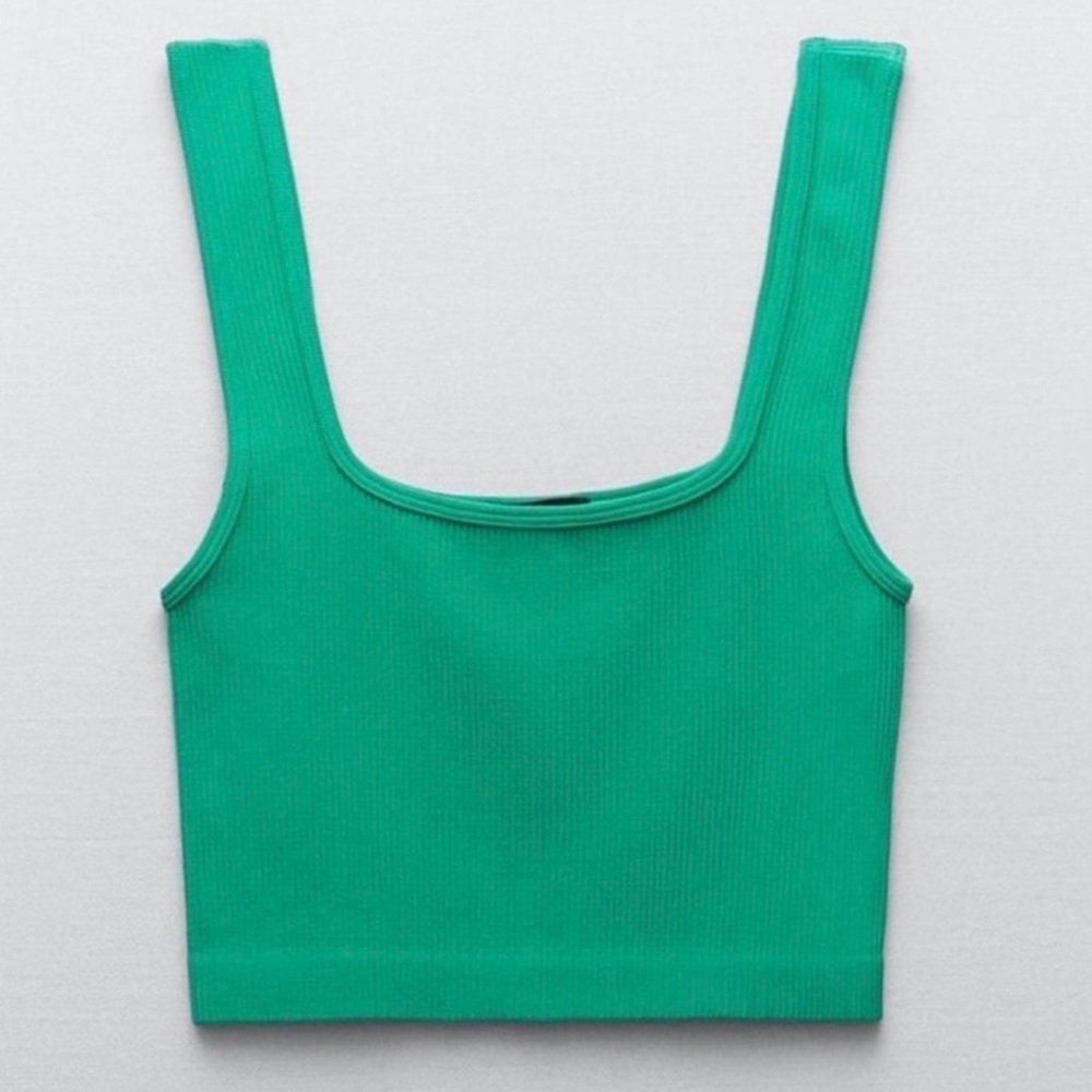 Green Ribbed Square Neck Cropped Tank Top